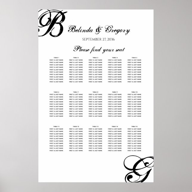 Tableau de sièges Mariage de script noir et blanc (Devant)