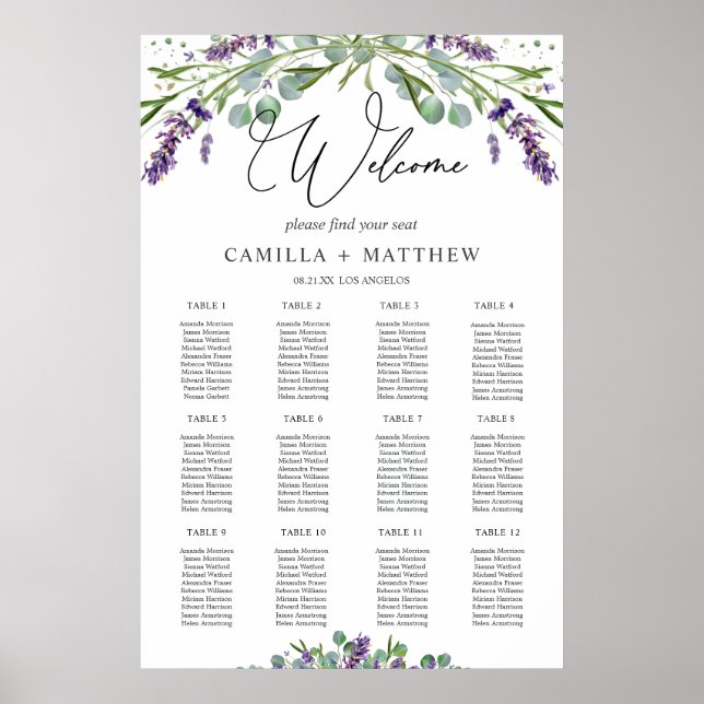 Tableau de sièges Mariage Lavender Eucalyptus (Devant)