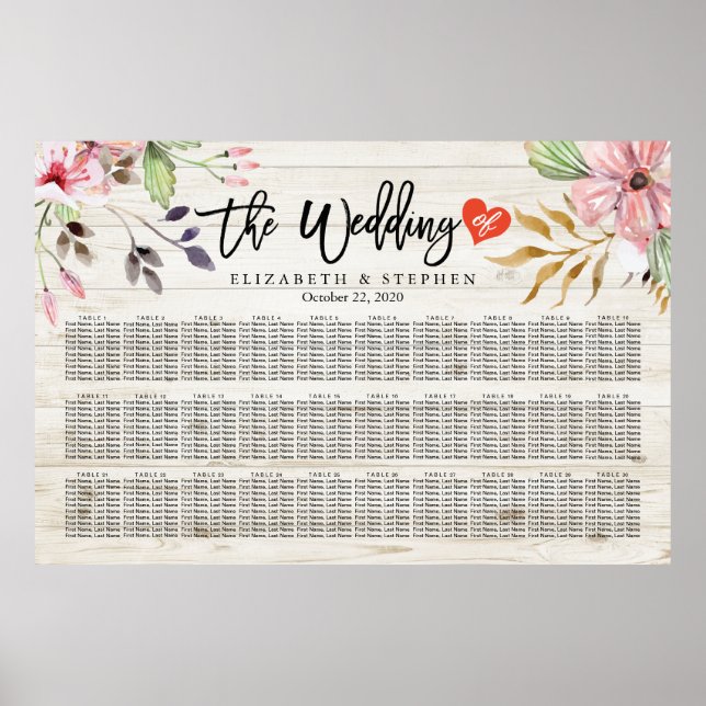 Tableau de sièges mariages Aquarelle Fleurs roses  (Devant)