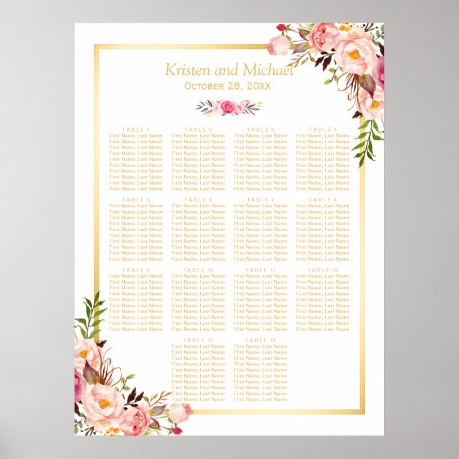 Tableau de sièges mariages Classy Chic Floral Gold (Devant)