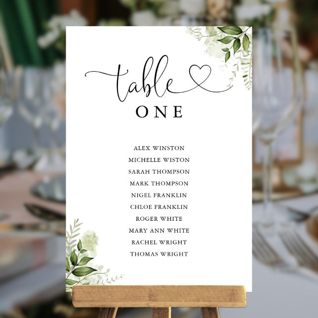 Tableau des numéros de table des codes du coeur de (Greenery Heart Script Table Number Seating Chart)