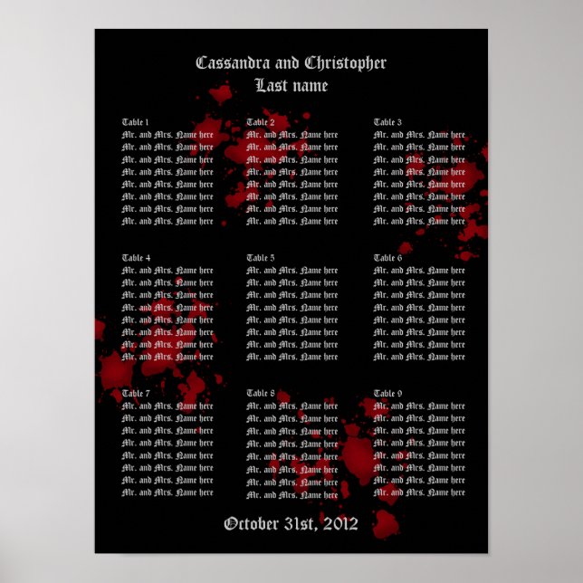 Tableau des sièges du mariage à thème Vampire (Devant)