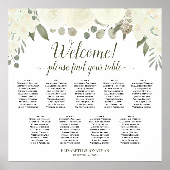 Tableau des sièges Mariages de Boho de 9 tables Wh (Devant)