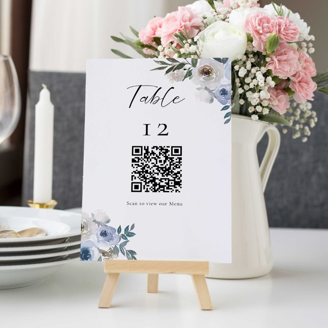 Tableau Mariage bleu Dusty Menu Mariage de code QR (Créateur téléchargé)