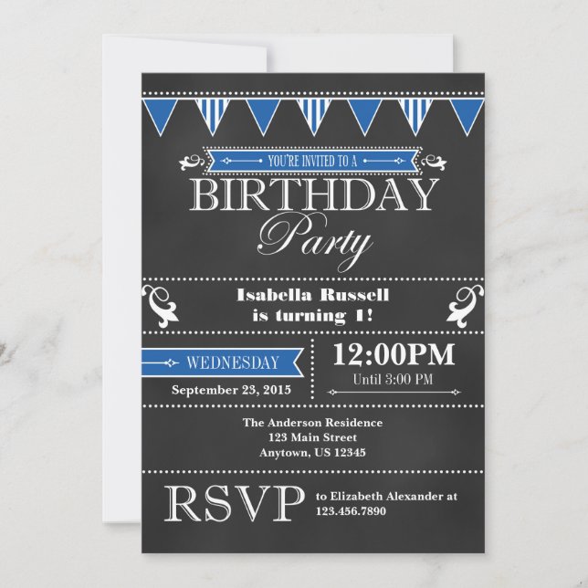 Tableau noir bleu Invitation Anniversaire (Devant)