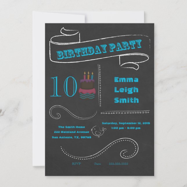 Tableau noir Invitation Anniversaire Bleu; deux ch (Devant)