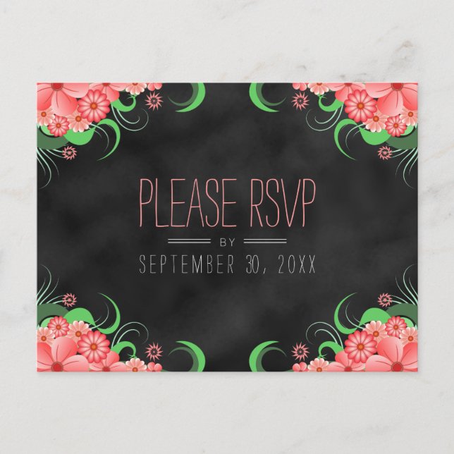Tableau noir rose floral RSVP Répondre Cartes post (Devant)
