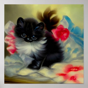 Tableau vintage de chaton noir et blanc