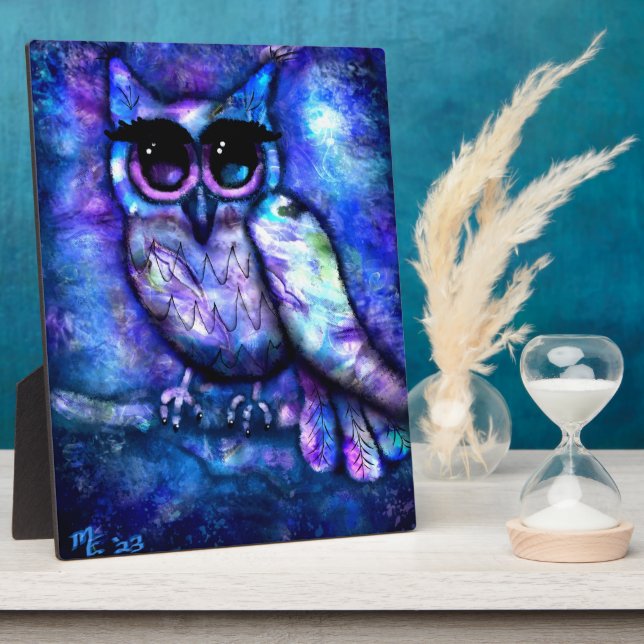 Tabletop Plaque Whimsical Big Eyes Owl Blau Fotoplatte (Seite)