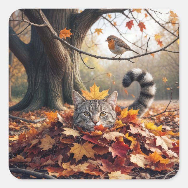 Tablettenkatze In einem Pil aus Herbstblättern Quadratischer Aufkleber (Vorderseite)