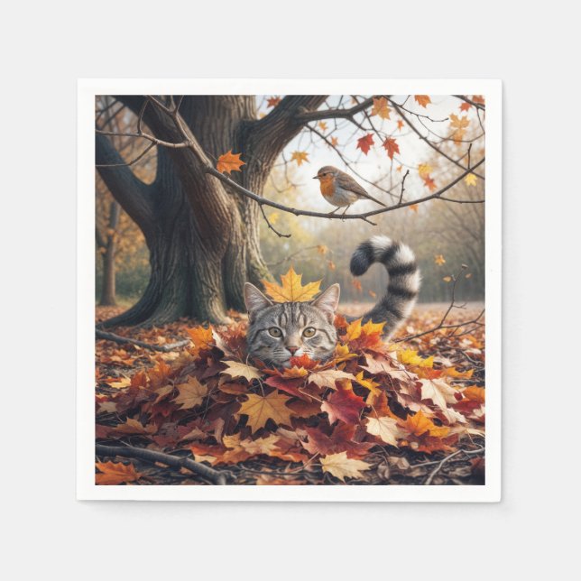 Tablettenkatze In einem Pil aus Herbstblättern Serviette (Vorderseite)