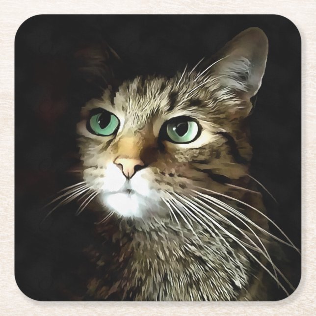 Tablettenkatze mit Abgeschiedenen grünen Augen auf Rechteckiger Pappuntersetzer (Vorderseite)
