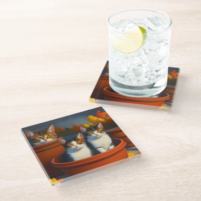 Tablettenkatzen in Pottölfarbe, Glasuntersetzer (Schrägansicht)