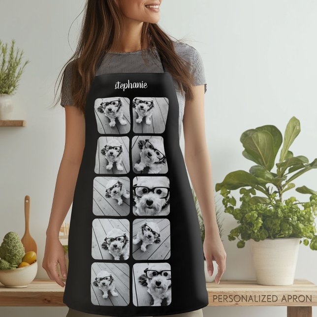 Tablier 10 Collage photo empilé - noir blanc nom du script (Personalized Apron)