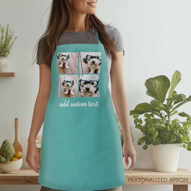 Tablier 4 Collage photo - turquoise avec texte manuscrit (Personalized Apron)