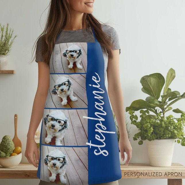 Tablier 4 Photo Collage - bleu avec nom de script blanc (Personalized Apron)