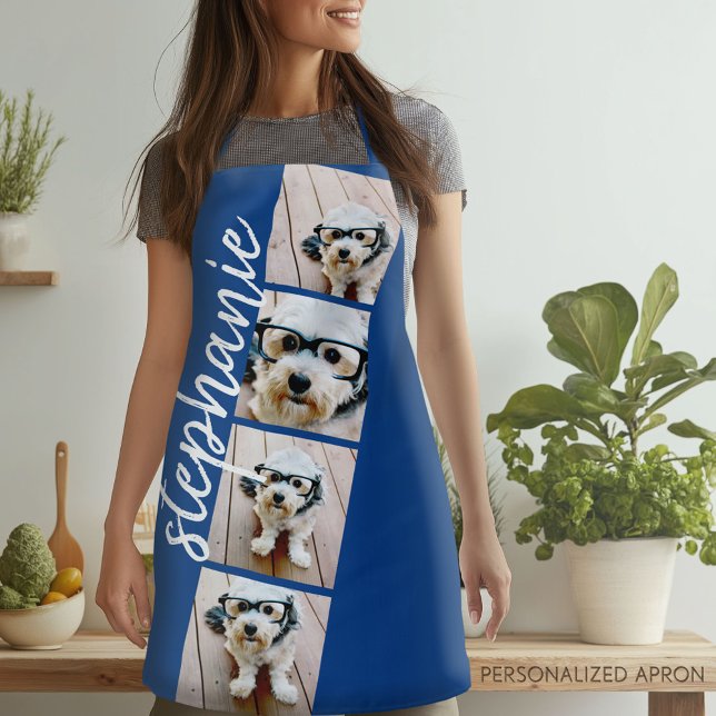 Tablier 4 Photo Film Strip Collage Nom du script Royal Blu (Personalized Apron)