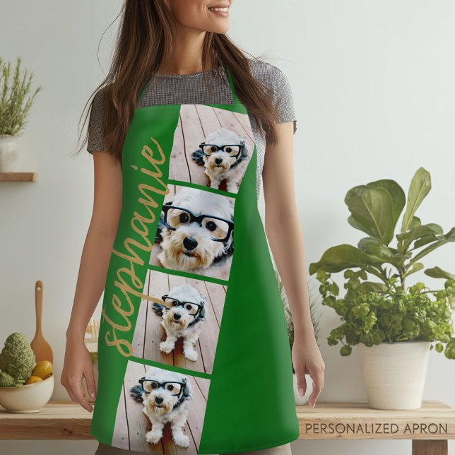 Tablier 4 Photo Film Strip Collage Nom du script vert (Personalized Apron)