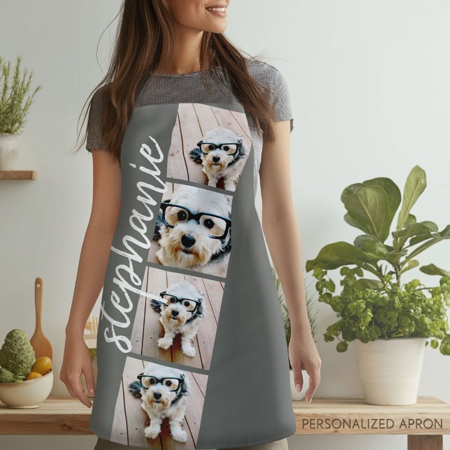 Tablier 4 Photo Film Strip Collage Script Nom gris (Personalized Apron)