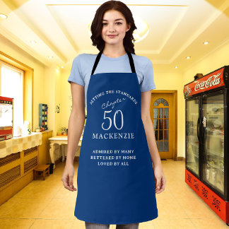Tablier 50th Birthday Ajouter le nom Elegant Blue and Whit