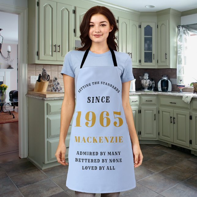 Tablier 60e anniversaire Né 1965 Bleu (Personalized 60th birthday light blue long apron.)