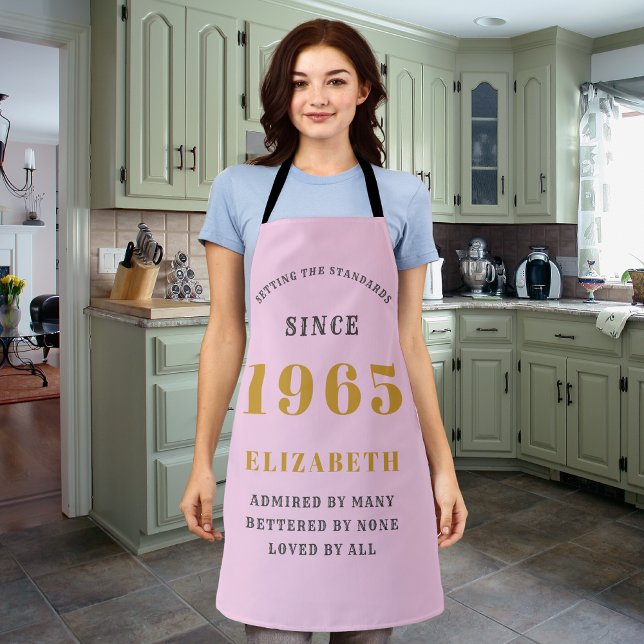 Tablier 60e anniversaire Né en 1965 Dame rose Grey (Personalized 60th birthday pink long apron)