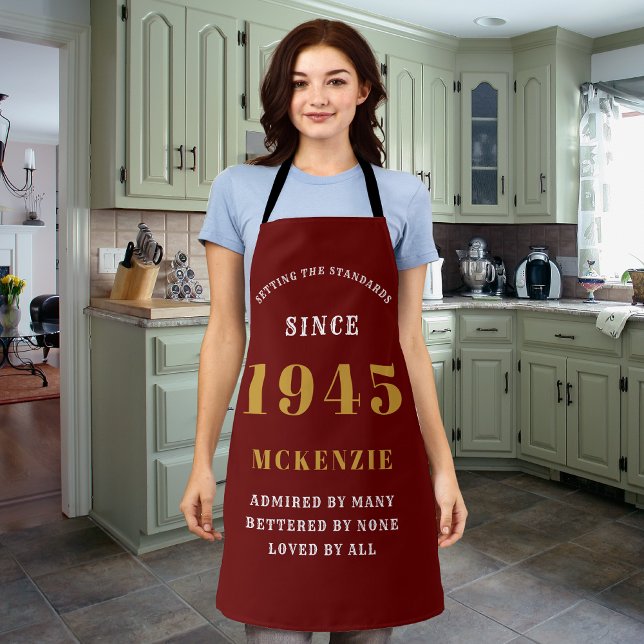 Tablier 80e anniversaire 1945 Nom Chic Elegant Red Gold (Personalized 80th birthday long red apron )