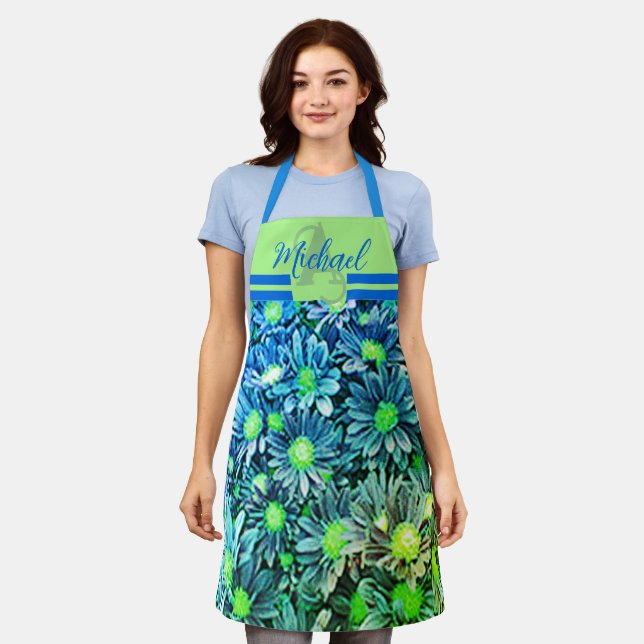 Tablier à monogramme floral bleu - Cadeau de cuiss (Porté)