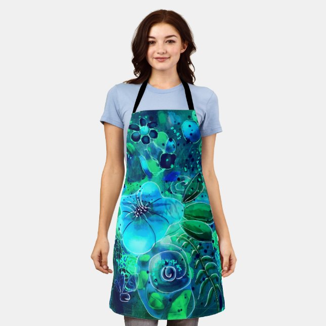 Tablier Abstrait Floral Turquoise Bleu Vert Feuilles Fleur (Porté)