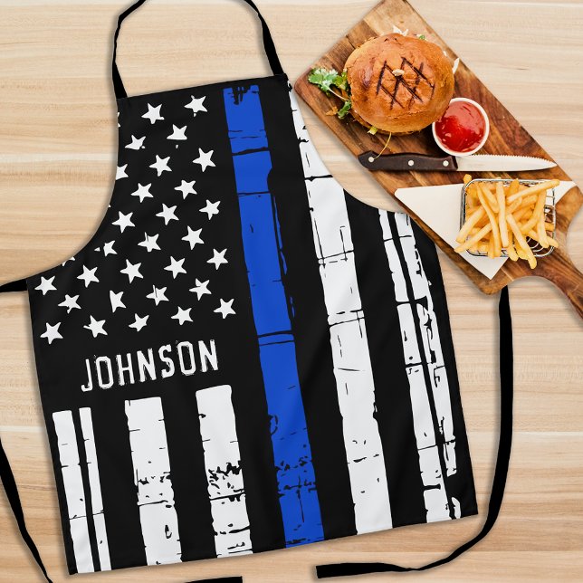 Tablier Agent de police BBQ personnalisé Ligne Bleue Mince (Créateur téléchargé)