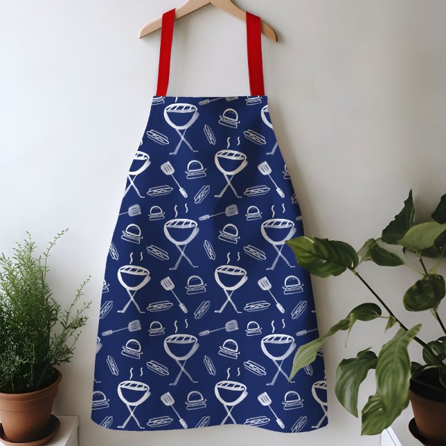 Tablier Aire BBBQ bleu et blanc (Watercolor blue and white Bar B Que BBQ grilling apron)