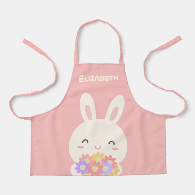 Tablier Ajoutez votre nom | Petit lapin et fleurs doux ros (Recto)