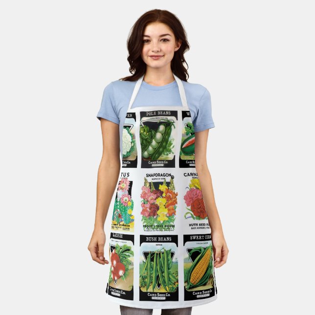 Tablier Anciens paquets de graines avec fleurs et légumes (Porté)