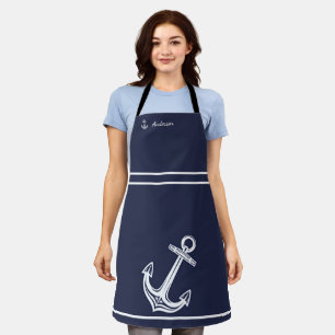 Tablier Ancrage nautique marine bleu blanc monogramme nom 