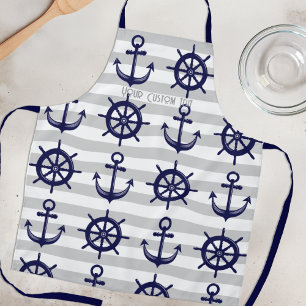 Tablier Ancre bleu marine roue de bateau rayure grise Naut