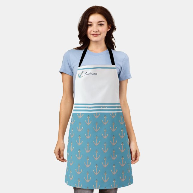 Tablier Ancre marine turquoise bleu blanc gris nom monogra (Porté)