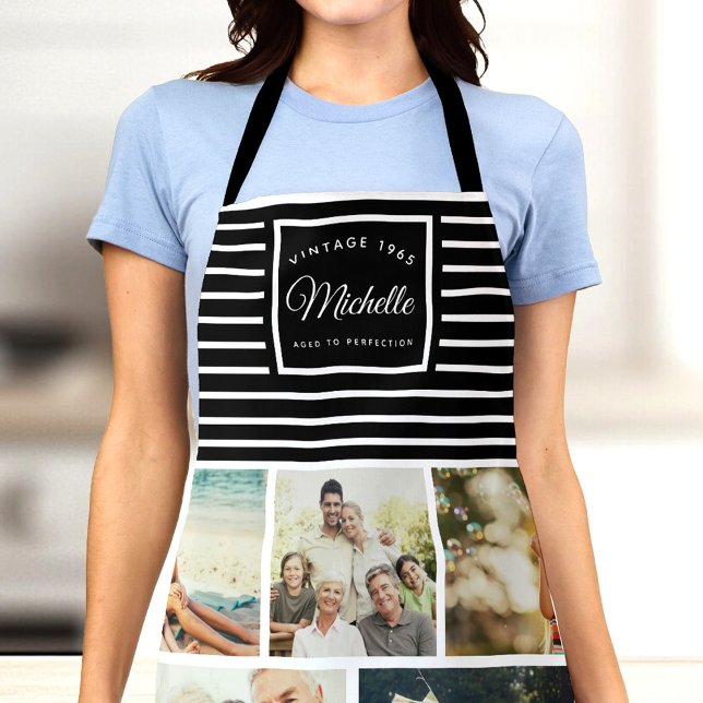 Tablier Anniversaire Vintage Année de naissance Collage ph (Woman wearing a photo apron with "Vintage 1965, Aged to Perfection" text on a striped design)