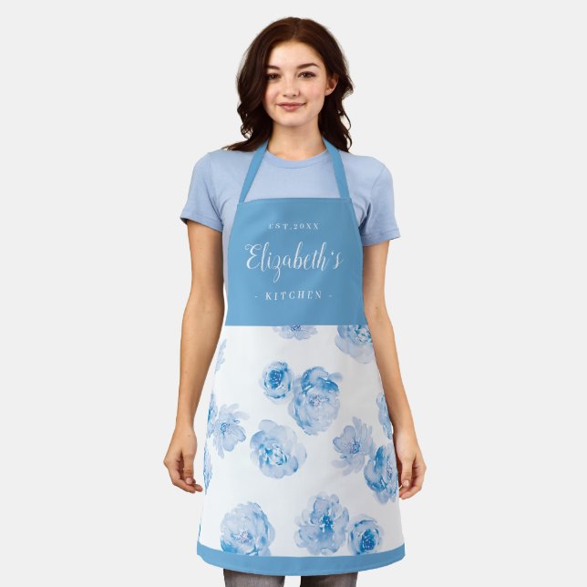 Tablier Aparon de cuisine personnalisé à l'aquarelle bleue (Porté)