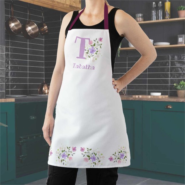Tablier Apron avec l'Initiale du Porteur & Nom avec Fleurs (Créateur téléchargé)