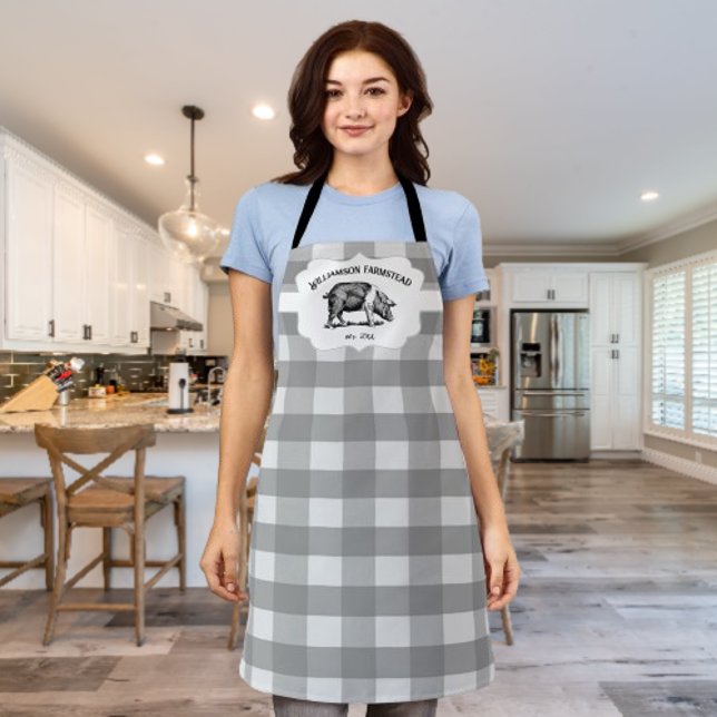 Tablier Apron de cochon de ferme de Buffalo gris (Gray Buffalo Plaid Farm Pig Personalized Apron)