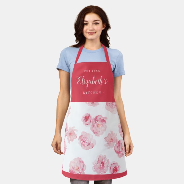Tablier Apron de cuisine à fleurs couleur rouge (Porté)