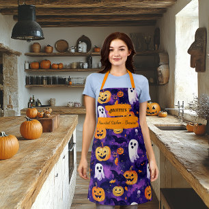 Tablier Apron d'Halloween violet avec Citrouilles, Fantôme