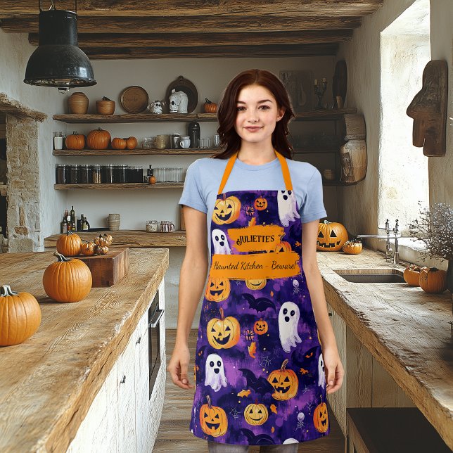 Tablier Apron d'Halloween violet avec Citrouilles, Fantôme (Créateur téléchargé)