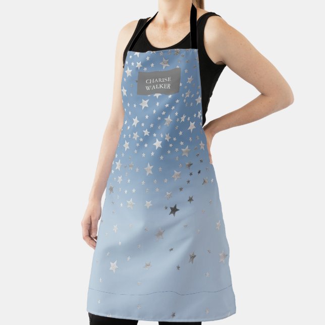 Tablier apron monogramme bleu argent étoiles esthéticienne (Insitu)