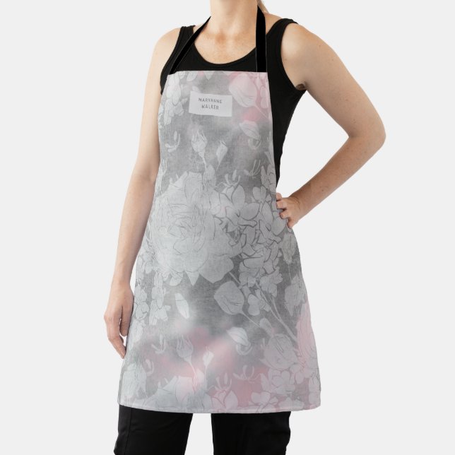 Tablier apron monogramme floral argenté subtil (Insitu)