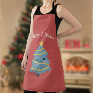 Tablier Apron rouge avec arbre de Noël Kawaii