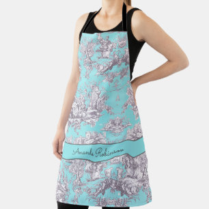 Tablier Aqua vintage fleuri bleu toile de jouy monogramme