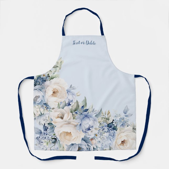Tablier Aquarelle bleu Dusty Fleurs d'ivoire Feuille Rusti (Recto)