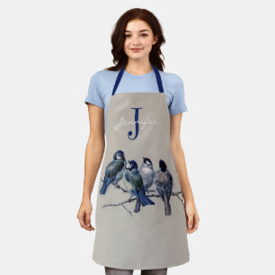 Tablier Aquarelle Bleu Gris Oiseaux Monogramme Nom personn