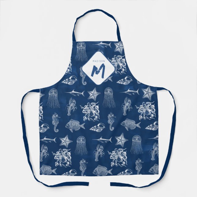 Tablier Aquarelle bleu marine Océan Animaux marins Monogra (Recto)